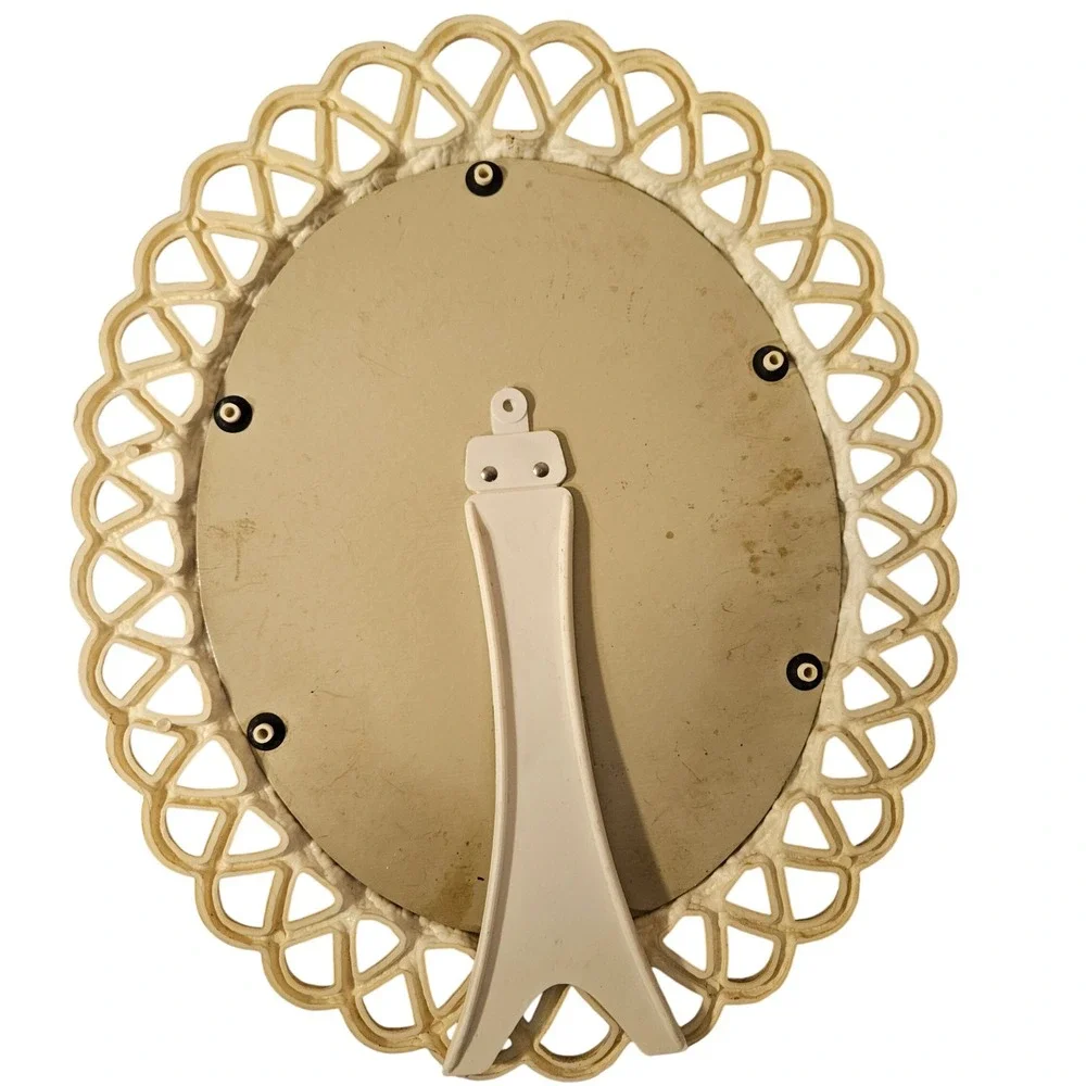 Vintage Cream Oval Burwood Plastic Mirror Decorative Vanity Tabletop Cottage
